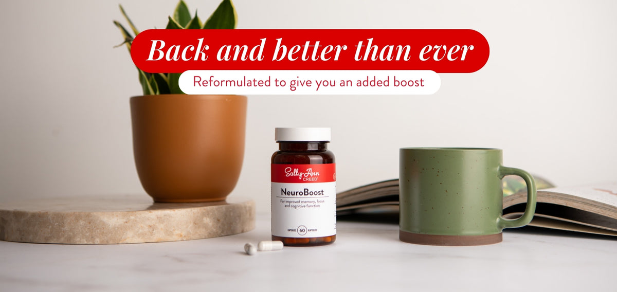 A bottle of Sally-Ann Creed's NeuroBoost dietary supplement is displayed on a light marble surface next to a green ceramic mug, an open book, and a potted plant. A red banner overlay at the top reads 'Back and better than ever' with a subtitle 'Reformulated to give you an added brain boost'.